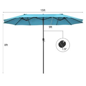 Tangkula 15Ft Double-Sided Patio Umbrella, Outdoor Extra Large Umbrella W/Hand-Crank System & Air Vents, Market Twin Umbrella W/ 12-Rib Sturdy Metal Frame for Poolside, Garden Backyard (Turquoise)