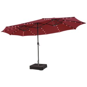 tangkula 15ft double-sided patio umbrella with solar lights, extra-large umbrella w/ 48 led lights & auto-charging solar panel, outdoor twin market umbrella w/weighted base stand (burgundy)