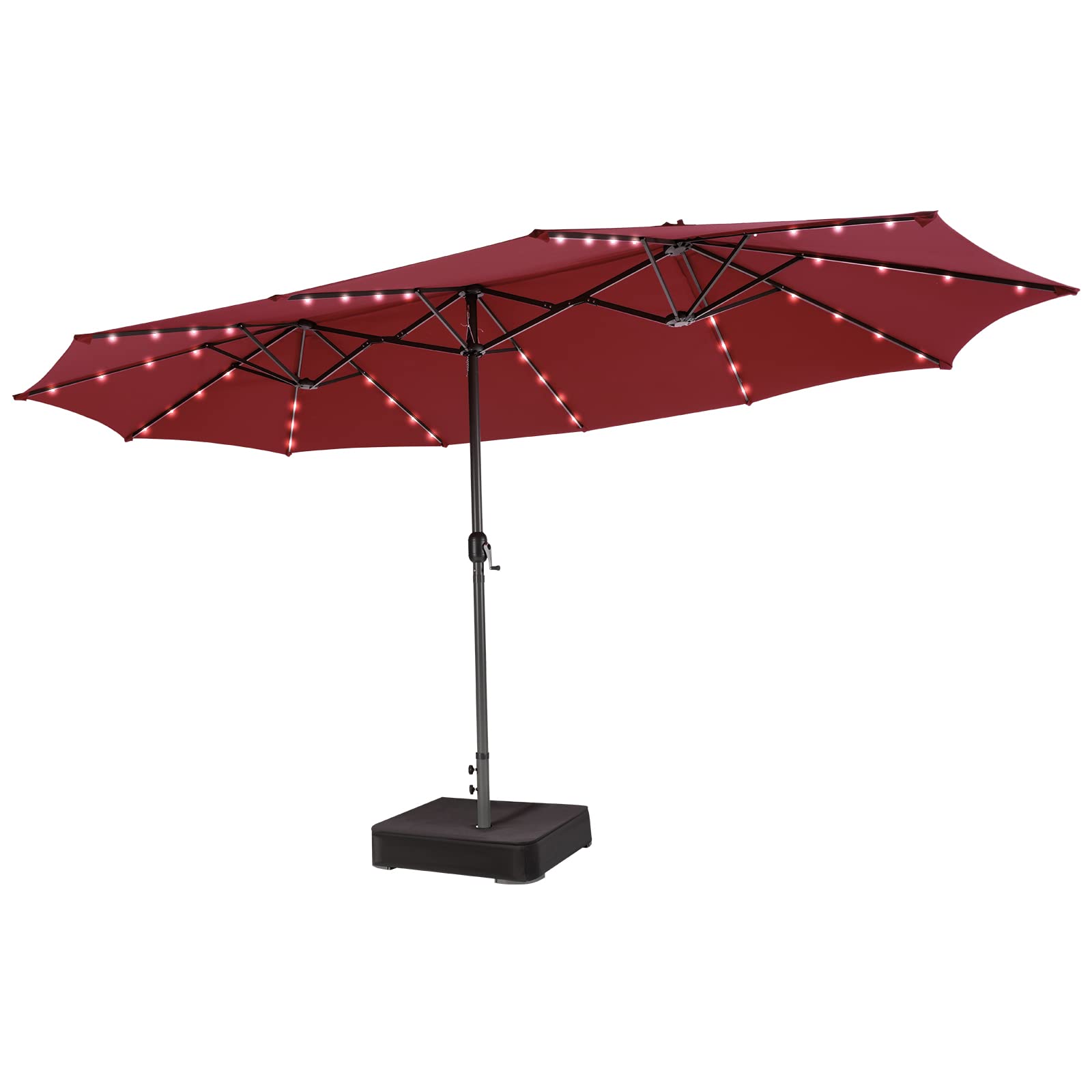 Tangkula 15FT Double-Sided Patio Umbrella with Solar Lights, Extra-Large Umbrella W/ 48 LED Lights & Auto-Charging Solar Panel, Outdoor Twin Market Umbrella W/Weighted Base Stand (Burgundy)