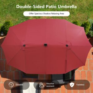 Tangkula 15FT Double-Sided Patio Umbrella with Solar Lights, Extra-Large Umbrella W/ 48 LED Lights & Auto-Charging Solar Panel, Outdoor Twin Market Umbrella W/Weighted Base Stand (Burgundy)