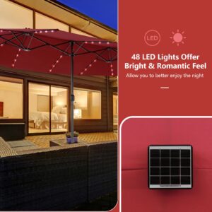 Tangkula 15FT Double-Sided Patio Umbrella with Solar Lights, Extra-Large Umbrella W/ 48 LED Lights & Auto-Charging Solar Panel, Outdoor Twin Market Umbrella W/Weighted Base Stand (Burgundy)