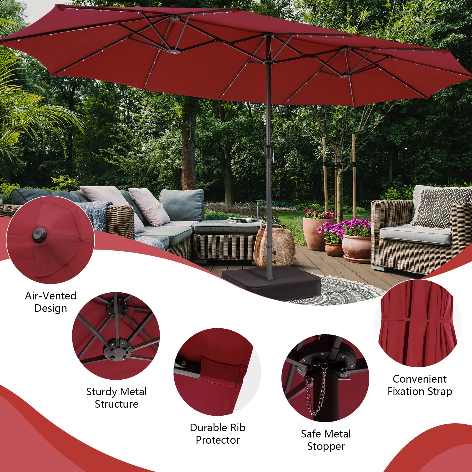 Tangkula 15FT Double-Sided Patio Umbrella with Solar Lights, Extra-Large Umbrella W/ 48 LED Lights & Auto-Charging Solar Panel, Outdoor Twin Market Umbrella W/Weighted Base Stand (Burgundy)