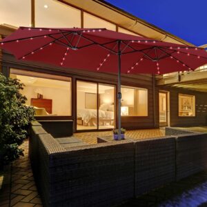 Tangkula 15FT Double-Sided Patio Umbrella with Solar Lights, Extra-Large Umbrella W/ 48 LED Lights & Auto-Charging Solar Panel, Outdoor Twin Market Umbrella W/Weighted Base Stand (Burgundy)