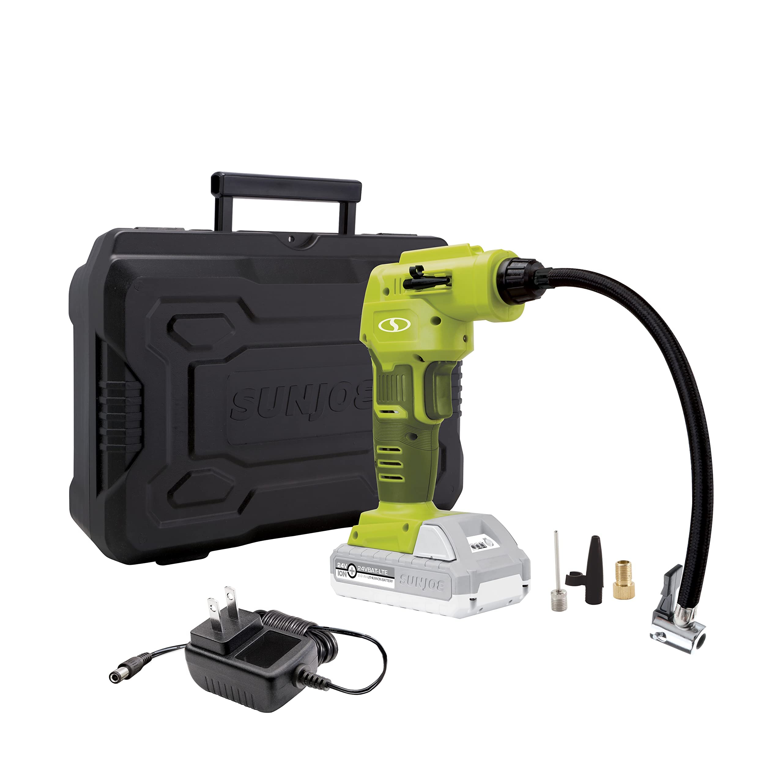 Auto Joe 24V-AJC1-LTE-P1 24-Volt IONMAX Cordless Portable Air Compressor Kit, w/ 2.0-Ah Battery, Charger, Storage Bag, and Nozzle Adapters, Green