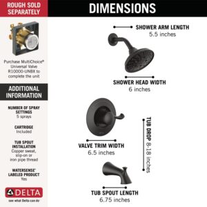 Delta Faucet Esato 14 Series Single-Handle Tub and Shower Trim Kit, Black Shower Faucet with 5-Spray H2Okinetic Black Shower Head, Matte Black 144897-BL (Valve Included)