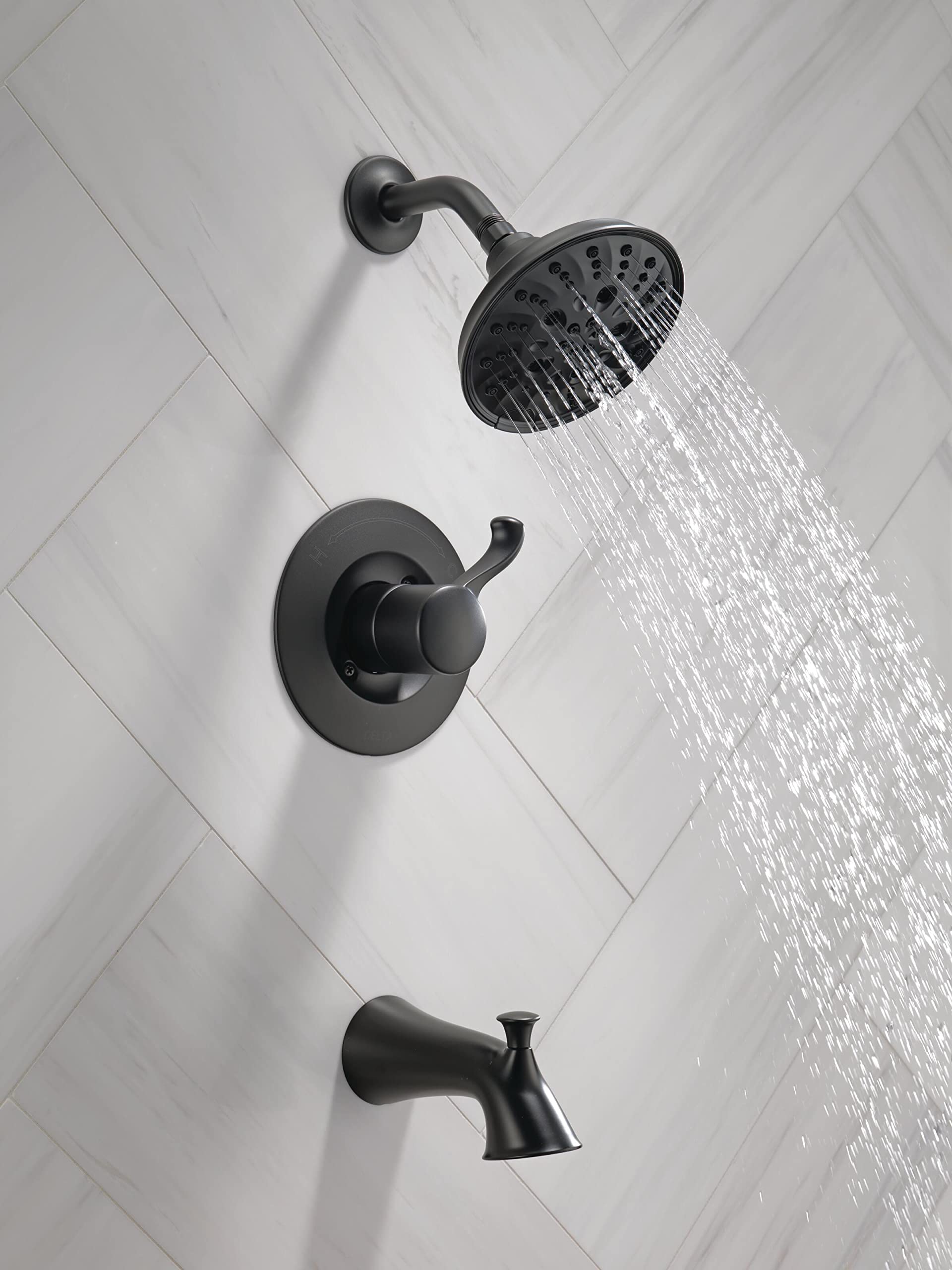 Delta Faucet Esato 14 Series Single-Handle Tub and Shower Trim Kit, Black Shower Faucet with 5-Spray H2Okinetic Black Shower Head, Matte Black 144897-BL (Valve Included)