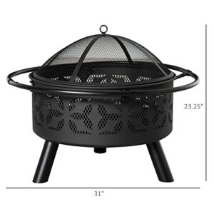 Outsunny 31" Outdoor Fire Pit, Portable Steel Wood Burning Bowl, Handle Ring, Poker, Spark Screen Lid for Patio, Backyard, Bonfire, Campfire, Black