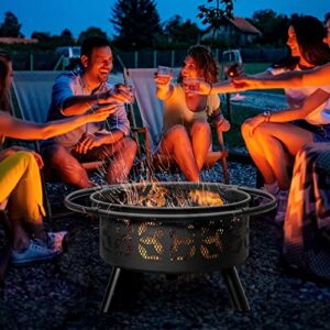 Outsunny 31" Outdoor Fire Pit, Portable Steel Wood Burning Bowl, Handle Ring, Poker, Spark Screen Lid for Patio, Backyard, Bonfire, Campfire, Black