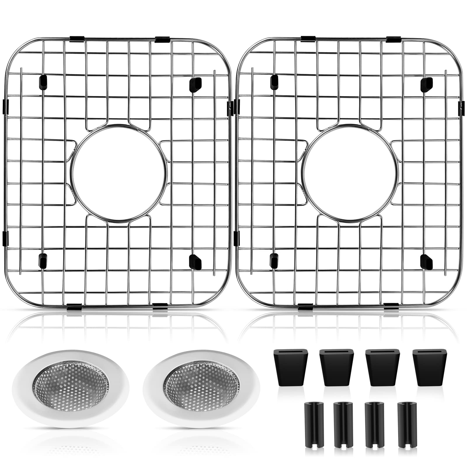 ARLBA 2 Pack 304 Stainless Steel Sink Protectors for Kitchen Sink W/Center Drain,13.62"x11.5"x1.25" Sink Grid Protection,Sink Grate Sink Rack for Bottom of Sink w/ 2Pack Sink Strainers