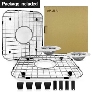 ARLBA 2 Pack 304 Stainless Steel Sink Protectors for Kitchen Sink W/Center Drain,13.62"x11.5"x1.25" Sink Grid Protection,Sink Grate Sink Rack for Bottom of Sink w/ 2Pack Sink Strainers
