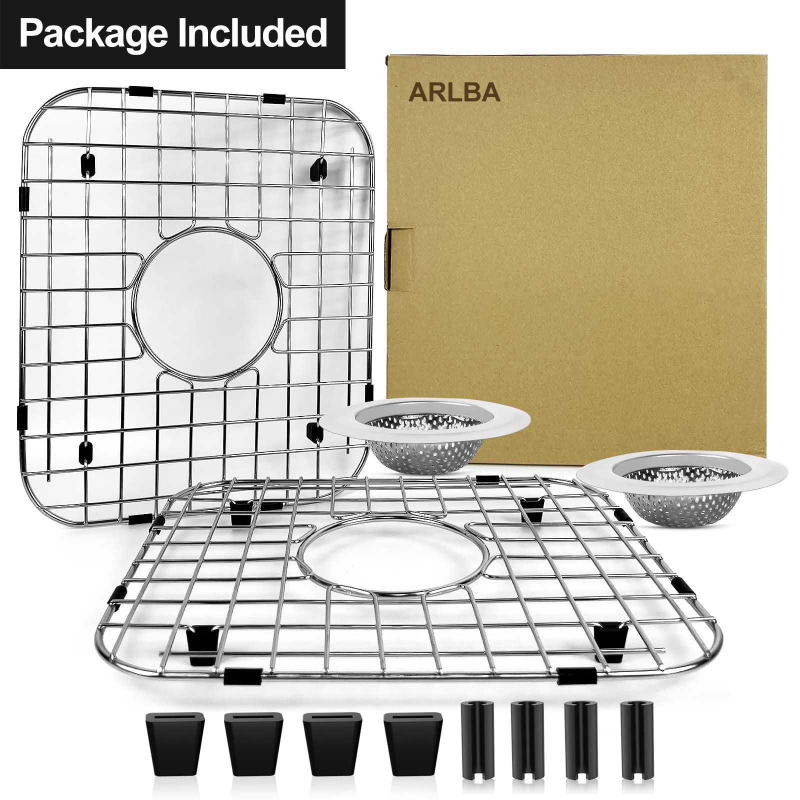 ARLBA 2 Pack 304 Stainless Steel Sink Protectors for Kitchen Sink W/Center Drain,13.62"x11.5"x1.25" Sink Grid Protection,Sink Grate Sink Rack for Bottom of Sink w/ 2Pack Sink Strainers