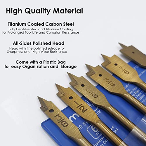 amoolo Spade Drill Bit Set - 6 Pcs Titanium Coating, Carbon Steel Paddle Flat Bit with Quick Change Shank for Hole Cutter Woodworking