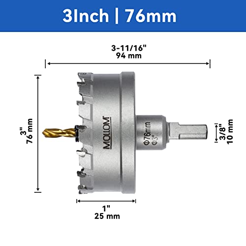 Mollom Heavy Duty Carbide Hole Saw, Hole Cutter cuts Stainless Steel, mild Steel, Iron, Copper, Brass, Plastic (3'' 76mm)