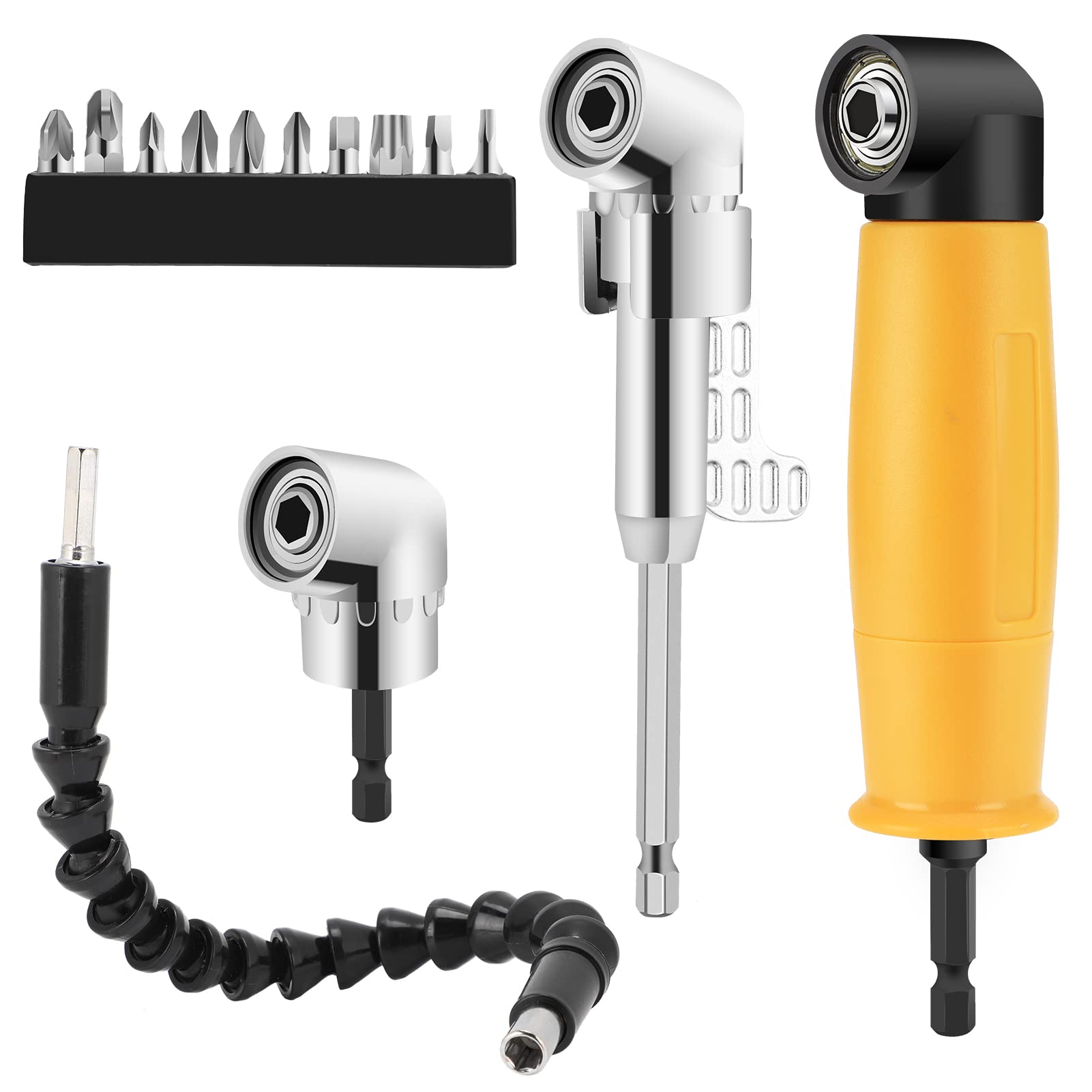 Alltope 90/105 Degree Right Angle Drill, 5 PCS Angle Extension Power Drill Attachment with 1/4'' Hex Impact Shank, Flexible Shaft Adapter, Magnetic Socket Angled Drill Bit Holder for Screwdrivers