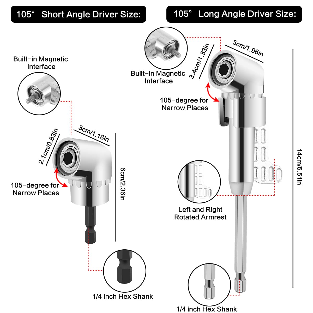 Alltope 90/105 Degree Right Angle Drill, 5 PCS Angle Extension Power Drill Attachment with 1/4'' Hex Impact Shank, Flexible Shaft Adapter, Magnetic Socket Angled Drill Bit Holder for Screwdrivers