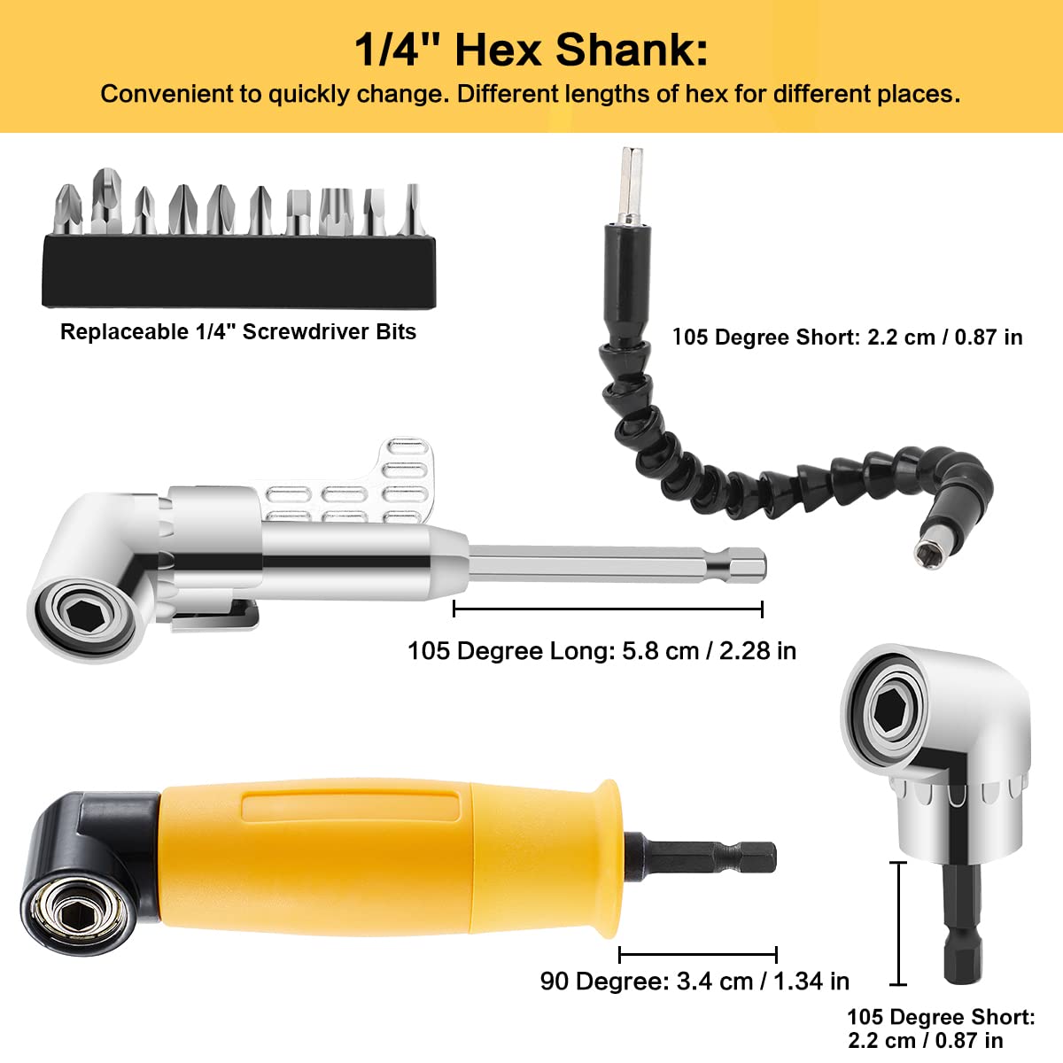 Alltope 90/105 Degree Right Angle Drill, 5 PCS Angle Extension Power Drill Attachment with 1/4'' Hex Impact Shank, Flexible Shaft Adapter, Magnetic Socket Angled Drill Bit Holder for Screwdrivers