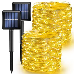 tw shine warm white solar string lights outdoor, total 80 ft 240 led solar powered waterproof fairy lights 8 modes copper wire lights for christmas party tree wedding yard decorations, 2 pack