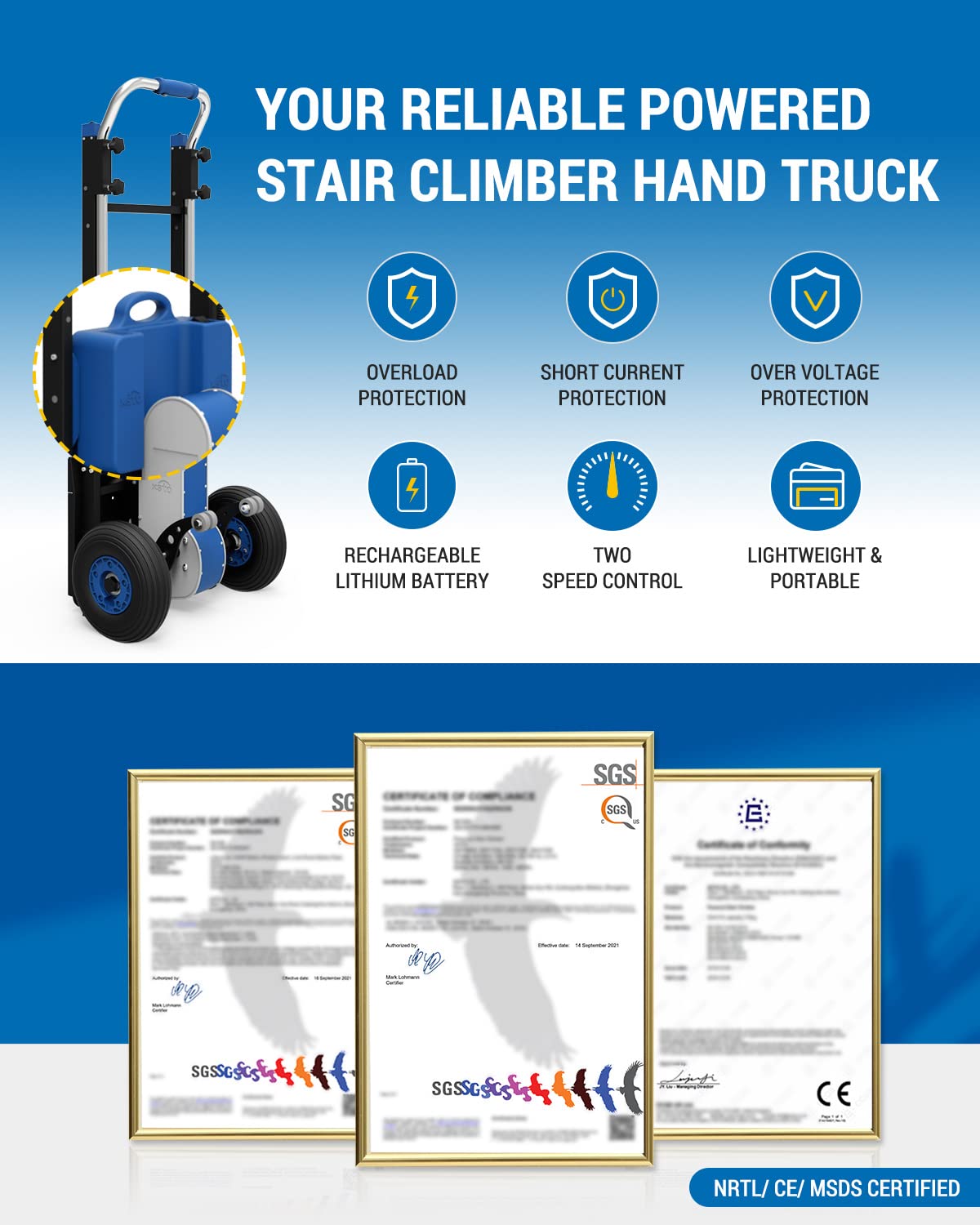 XSTO ZW4170DC Stair Climbing Hand Trucks Dolly, 400W Motor 375 lbs Capacity Trolley Cart, Electric Hand Trucks for Stairs with Ergo Telescoping Handle & Pneumatic Wheels