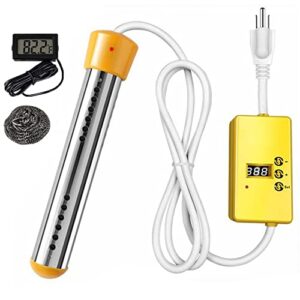immersion water heater, 1500w portable electric submersible water heater with timer, stainless steel guard cover and digital thermometer for home travel camping