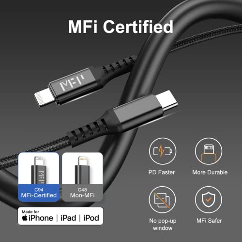 MFP USB C to Lightning Cable[Apple MFi Certified] 3.9ft,Nylon Braided Fast Charging iPhone Charger Cord Compatible with iPhone 14 13 12 11 Pro Max XR XS X 8 7 6 Plus SE and More(Black)