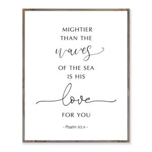 mightier than the waves of the sea scripture nursery sign above crib psalm 93 4 bible verse print modern calligraphy sign for kids without frame - 8x10"