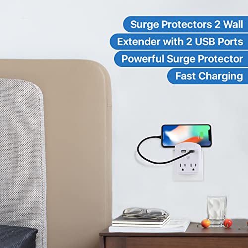 LAX Gadgets Multi-Plug Outlet - Surge Protectors 2 Wall Outlet Extender with 2 USB Ports - Suitable for Home, Office, & School - White, 2 Wall Outlets and 2 USB Ports