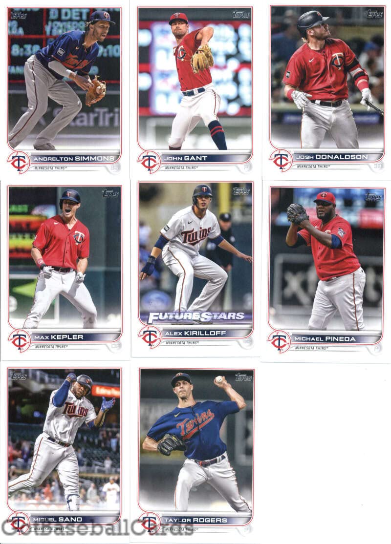 2022 Topps Series 1 Minnesota Twins Team Set of 8 Cards: Taylor Rogers(#32), Miguel Sano(#123), Michael Pineda(#189), Alex Kirilloff(#197), Max Kepler(#221), Josh Donaldson(#226), John Gant(#280), Andrelton Simmons(#306)