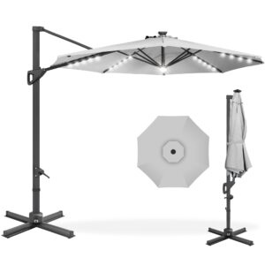best choice products 10ft solar led cantilever patio umbrella, 360-degree rotation hanging offset market outdoor sun shade for backyard, deck, poolside w/lights, easy tilt, cross base - fog gray