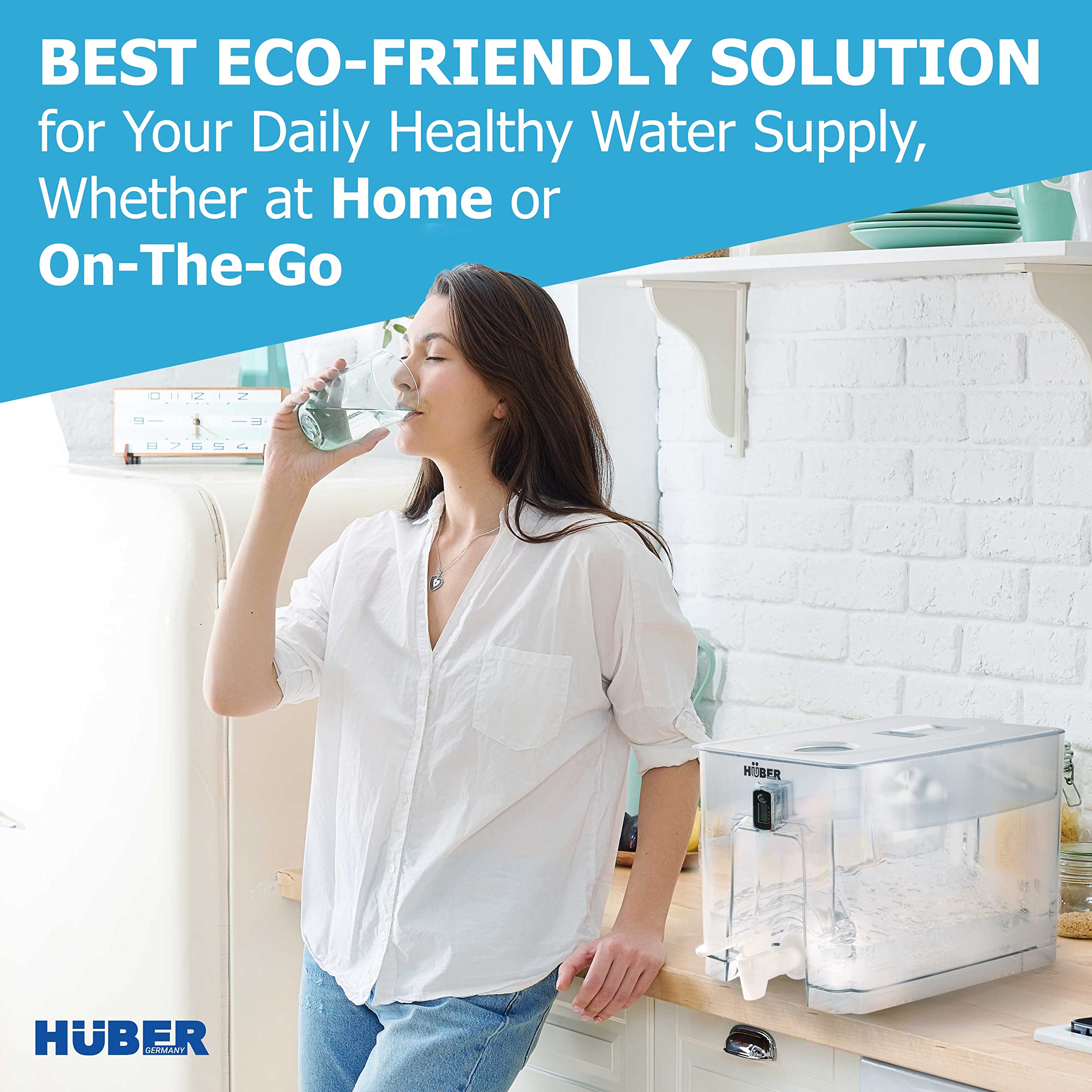 HUBER Extra Large 40 Cup Water Filter Pitcher Dispenser for Fridge and Countertop, 2.5 Gallons with Filter, Water Purifier, Filtered Water Dispenser