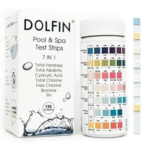 dolfin 7-way pool test strips, 150 strips water chemical testing for hot tub and spa, accurate test bromine, total alkalinity, ph, free chlorine, total hardness, cyanuric acid, and total chlorine