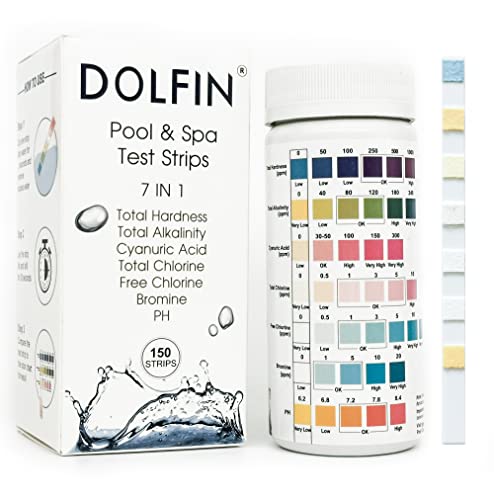 DOLFIN 7-Way Pool Test Strips, 150 Strips Water Chemical Testing for Hot tub and Spa, Accurate Test Bromine, Total Alkalinity, pH, Free Chlorine, Total Hardness, Cyanuric Acid, and Total Chlorine