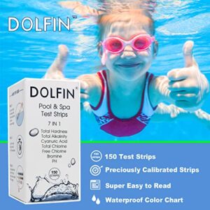 DOLFIN 7-Way Pool Test Strips, 150 Strips Water Chemical Testing for Hot tub and Spa, Accurate Test Bromine, Total Alkalinity, pH, Free Chlorine, Total Hardness, Cyanuric Acid, and Total Chlorine