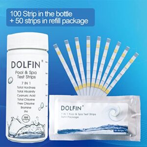 DOLFIN 7-Way Pool Test Strips, 150 Strips Water Chemical Testing for Hot tub and Spa, Accurate Test Bromine, Total Alkalinity, pH, Free Chlorine, Total Hardness, Cyanuric Acid, and Total Chlorine