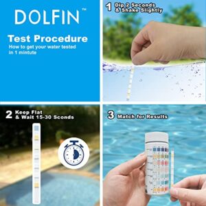 DOLFIN 7-Way Pool Test Strips, 150 Strips Water Chemical Testing for Hot tub and Spa, Accurate Test Bromine, Total Alkalinity, pH, Free Chlorine, Total Hardness, Cyanuric Acid, and Total Chlorine