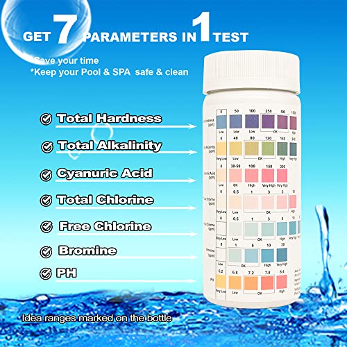 DOLFIN 7-Way Pool Test Strips, 150 Strips Water Chemical Testing for Hot tub and Spa, Accurate Test Bromine, Total Alkalinity, pH, Free Chlorine, Total Hardness, Cyanuric Acid, and Total Chlorine