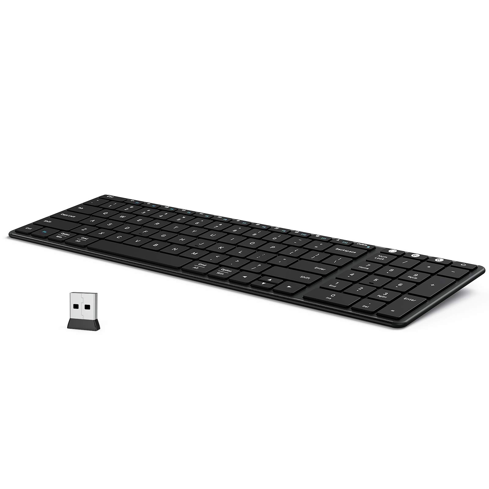 seenda Wireless Keyboard - Multi-Device (2.4G+Dual Bluetooth 4.0) Rechargeable Keyboard with Numeric Keypad, Slim Compact Keyboard for Mac OS and Windows, PC, Tablet, Laptop, iPad, iPhone, Black