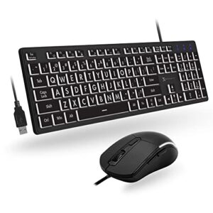 x9 performance large print backlit keyboard and mouse combo - easy to see big print letters - usb wired keyboard and mouse - lighted keyboard for elderly, low vision, visually impaired