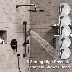 Gabrylly Shower System Black, Wall Mounted Slide Bar Shower Faucet Set Complete,High Pressure 10" Rain Shower Head with 5-Setting Handheld Shower,Shower Combo Set with Shower Valve
