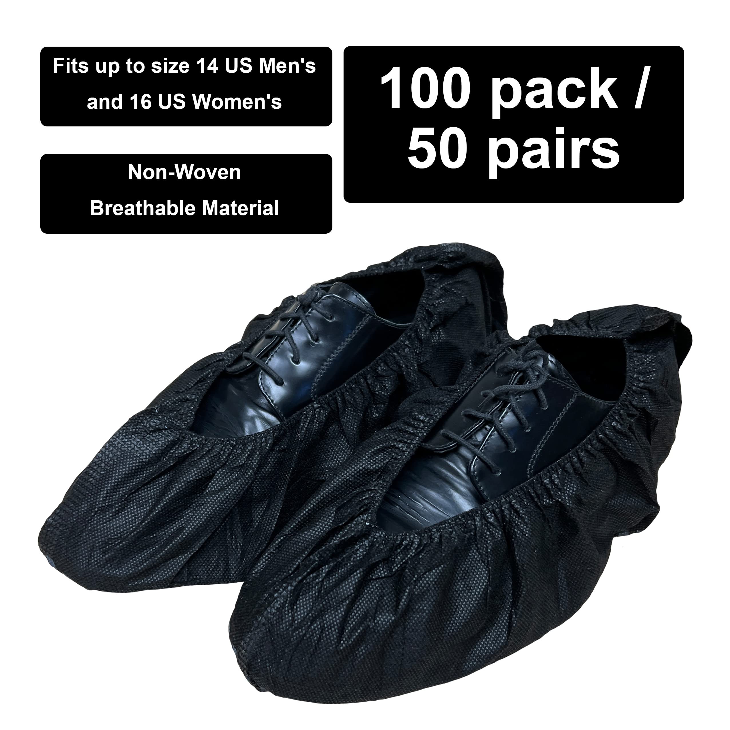 Buena Goods 100 Pack Extra Large Disposable Black Boot & Shoe Covers. Reusable Premium Water Resistant Durable Booties with Non Slip Treads for Indoor Use. Fits US Men's Size 14 & Women's 16 Shoe Size