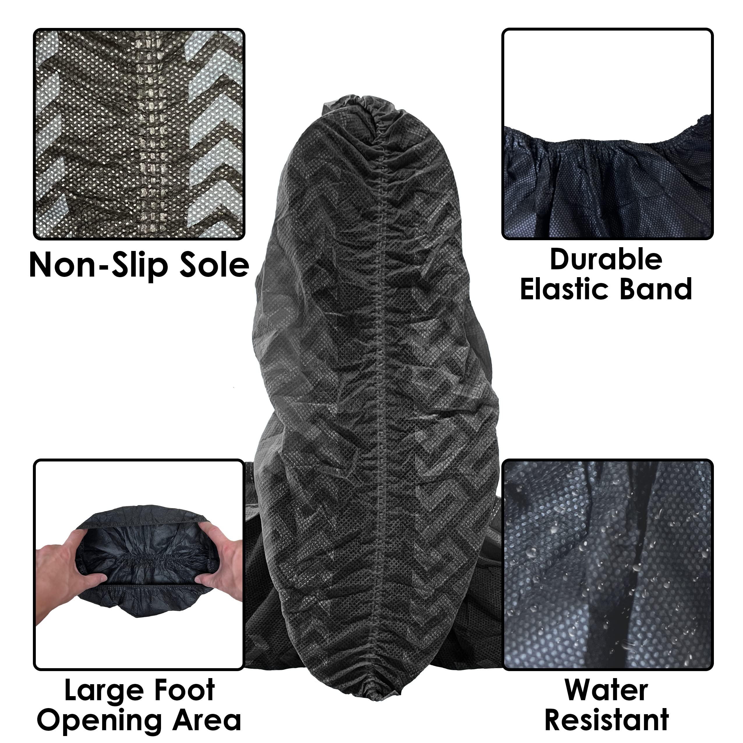 Buena Goods 100 Pack Extra Large Disposable Black Boot & Shoe Covers. Reusable Premium Water Resistant Durable Booties with Non Slip Treads for Indoor Use. Fits US Men's Size 14 & Women's 16 Shoe Size