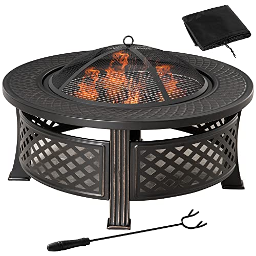 Outsunny 32" Outdoor Fire Pit Grill & Ice Bucket Table, Portable Steel Wood Burning Bowl, Cooking Grate, Poker, Rain Cover, Spark Screen Lid