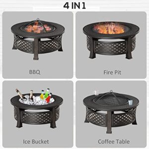 Outsunny 32" Outdoor Fire Pit Grill & Ice Bucket Table, Portable Steel Wood Burning Bowl, Cooking Grate, Poker, Rain Cover, Spark Screen Lid