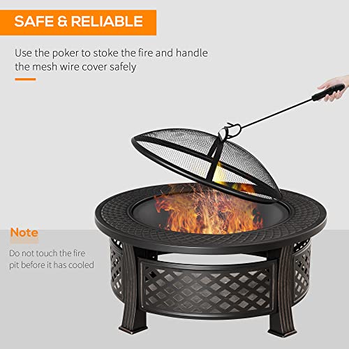 Outsunny 32" Outdoor Fire Pit Grill & Ice Bucket Table, Portable Steel Wood Burning Bowl, Cooking Grate, Poker, Rain Cover, Spark Screen Lid