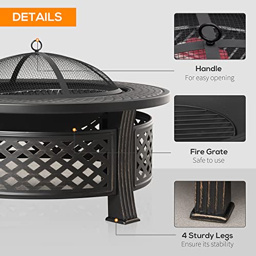 Outsunny 32" Outdoor Fire Pit Grill & Ice Bucket Table, Portable Steel Wood Burning Bowl, Cooking Grate, Poker, Rain Cover, Spark Screen Lid