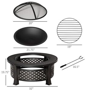 Outsunny 32" Outdoor Fire Pit Grill & Ice Bucket Table, Portable Steel Wood Burning Bowl, Cooking Grate, Poker, Rain Cover, Spark Screen Lid