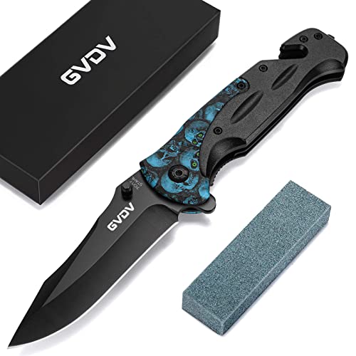 GVDV Utility Pocket Knife with 7Cr17 Stainless Steel - EDC Folding Knife for Outdoor Camping Hunting, Liner-Lock, Clip, Seatbelt Cutter, Glass Breaker for Emergencies, Father's Day Gifts, Blue Skull