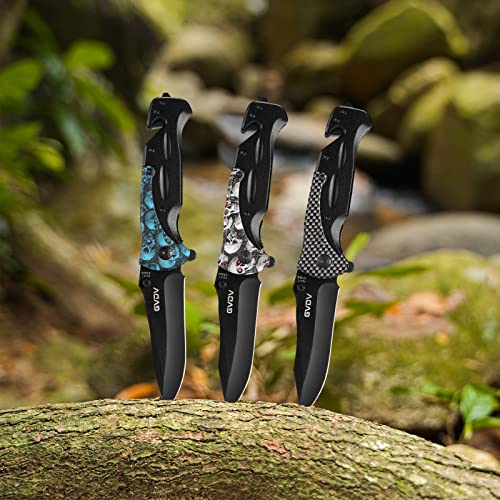 GVDV Utility Pocket Knife with 7Cr17 Stainless Steel - EDC Folding Knife for Outdoor Camping Hunting, Liner-Lock, Clip, Seatbelt Cutter, Glass Breaker for Emergencies, Father's Day Gifts, Blue Skull