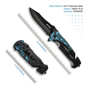 GVDV Utility Pocket Knife with 7Cr17 Stainless Steel - EDC Folding Knife for Outdoor Camping Hunting, Liner-Lock, Clip, Seatbelt Cutter, Glass Breaker for Emergencies, Father's Day Gifts, Blue Skull