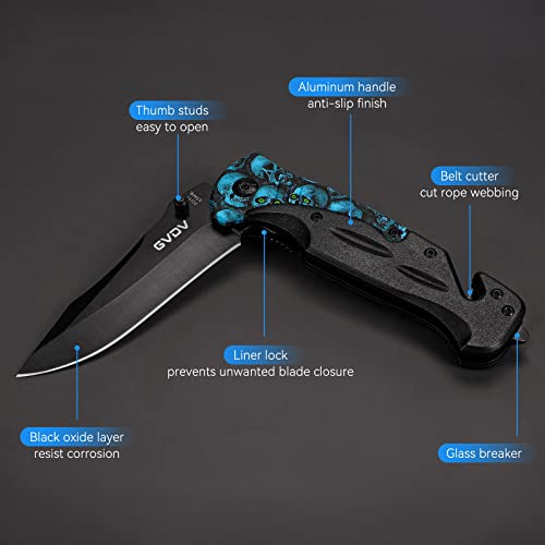 GVDV Utility Pocket Knife with 7Cr17 Stainless Steel - EDC Folding Knife for Outdoor Camping Hunting, Liner-Lock, Clip, Seatbelt Cutter, Glass Breaker for Emergencies, Father's Day Gifts, Blue Skull