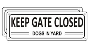 keep gate closed sign dogs, (2 pack) metal close gate behind you sign, 10" x 3.5" dog in yard signs for fence, aluminum keep gate shut sign, lock gate sign